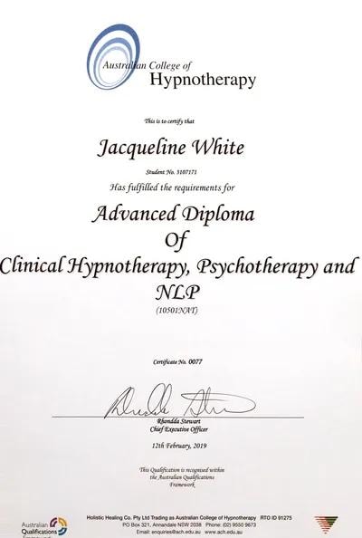 Advanced Diploma in Clinical Hypnotherapy, Psychotherapy and NLP certificate for Jacqueline White